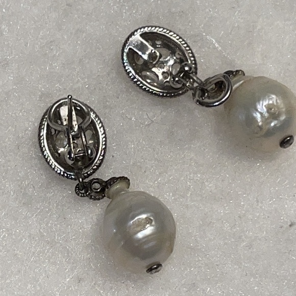 Judith Ripka Sterling Silver Real Pearl Drop Earrings 925 CZ - Picture 3 of 4